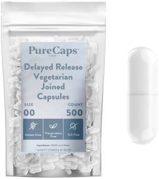 PurecapsUSA - Size 00 Empty White Vegetarian and Vegan Delayed Release/Acid-Resistant - Preservative Free with Natural Ingredients - (500 Joined Capsules)