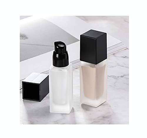 2 Pack 30ml/1oz Empty Frosted Glass Foundation Bottle, Travel Refillable Square Lotion Pump Bottles for Essential Oils Liquid Body Cream Cosmetic Samples Vials