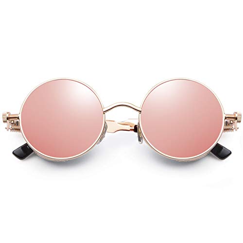 Joopin Retro Polarised Steampunk Sunglasses Round Mirrored lens Metal Circle Vintage Sunglasses for Men and Women(Retro Pink) steampunk buy now online