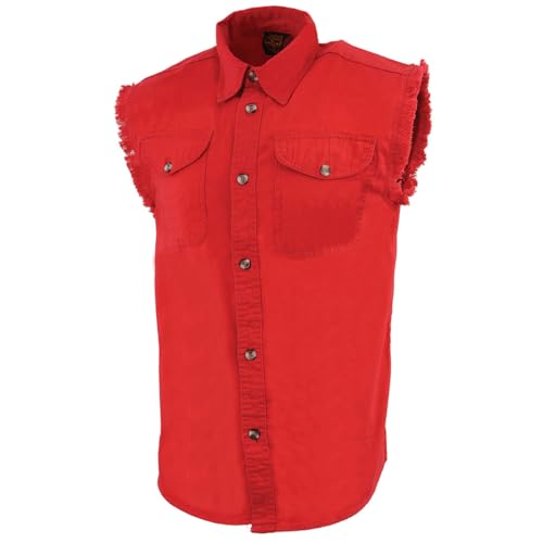 Image of Milwaukee Leather DM4009 Men's Sand Lightweight Denim Shirt with with Frayed Cut Off Sleeveless Look