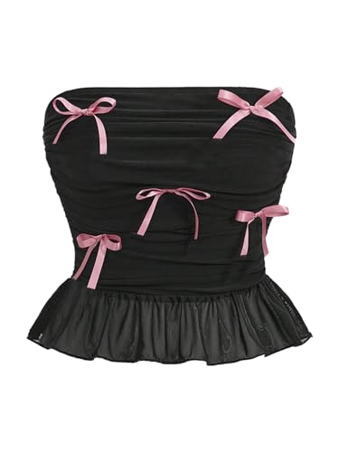 SweatyRocks Girl's Bow Ruffle Mesh Tube Tops Strapless Slim Fit Sleeveless Y2K Bandeau Top