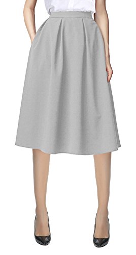 Urban CoCo Women's Flared A line Pocket Skirt High Waist Pleated Midi Skirt (L, Light Grey)