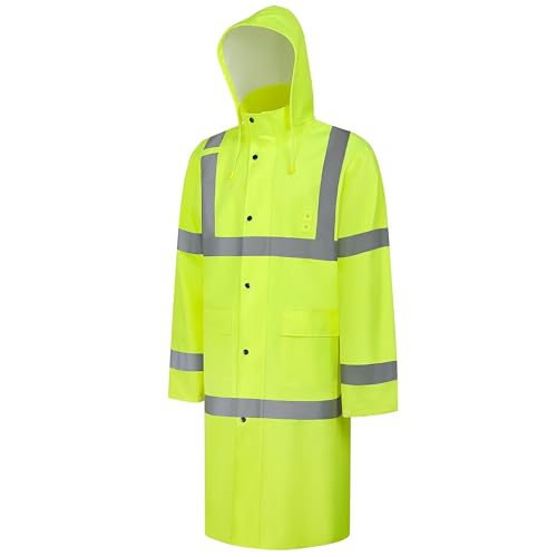 Uno Mejor Hi Vis Rain Jacket Rain Suits for Men Hihg Visibility Waterproof Rain Coat with Hood Class 3 Lightweight High Vis Rain Gear for Outdoor & Safety Work Men Women Yellow Long XL