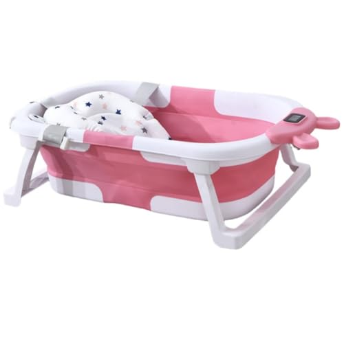 Klivexベビーバス 折りたたみ 滑り止め 簡易収納 赤ちゃん お風呂 浴槽 バスタブ 沐浴 シンク 新生児 バスタブ (ピンク 感温モデル + サスペンションパッド)