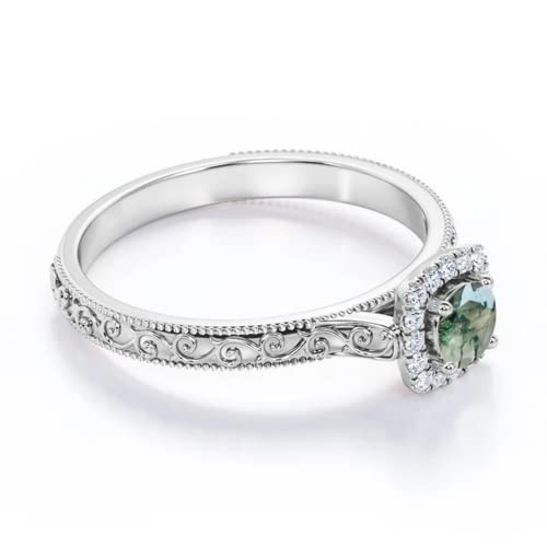 Natural Moss Agate Engagement Rings for Women White Gold 1-1/4 Carat(ctw) Moss Agate Moissanite Rings Platinum Plated Silver 10K 14K 18K Gold Anniversary Promise Rings for Her with Text Engraving4