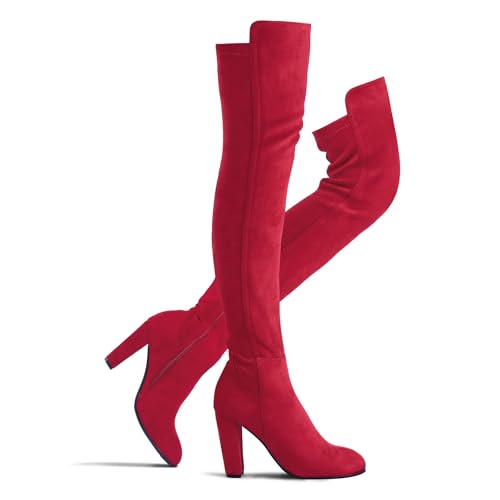 Shoe'N Tale Women Faux Suede Chunky Heel Stretch Over The Knee Thigh High Boots(7.5,Red)