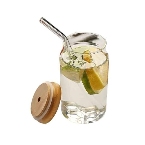 ZKALQECNF Leche Vasos de vidrio transparente con tapa y pajita, 350/450/550 ml. borosilicato for refrescos, zumos, té helado bebidas frías Bebidas(Grande)