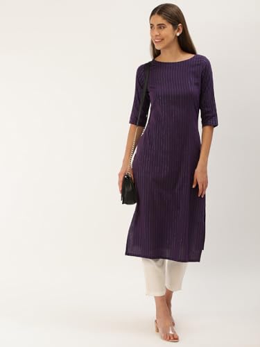 Image of Saanjh Women's Fit Straight Cotton Blend Long Kurta, 3 /4 Sleeve, Knee Length Kurtis, Casual and Office Wear
