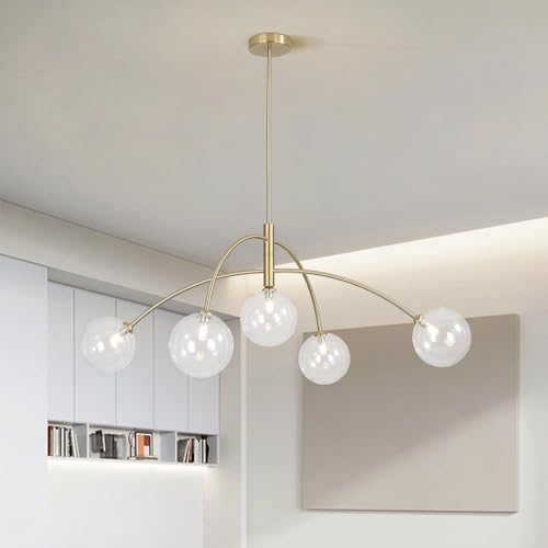 Image of 5 Light Modern Brass Chandelier Fixture White Clear Globe Glass Shade Pendant Light Gold Kitchen Ceiling Large Chandelier for Dining Room Kitchen Bedroom