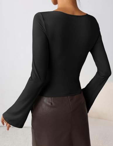 ZESICA Women's Long Bell Sleeve Shirts 2025 Fall Going Out Asymmetrical Crop Tops Slim Fit Ribbed Ruched Y2K Clothes3