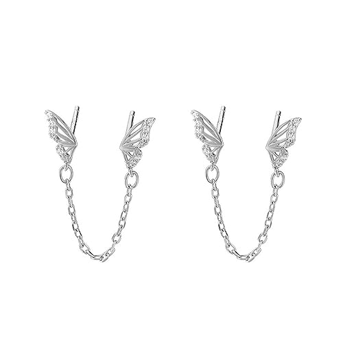 Cute Tiny Butterfly CZ Double Piercing Huggie Small Stud With Short Chain 925 Sterling Silver Cuff Wrap Earrings for Women Cartilage Two Holes Animal Dangle Drop Hypoallergenic