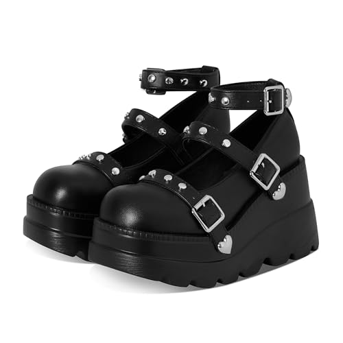 Women's Wedges Black Pumps Platform Mary Janes Shoes Comfortable Heels With Cute Bow Gothic Closed Toe2