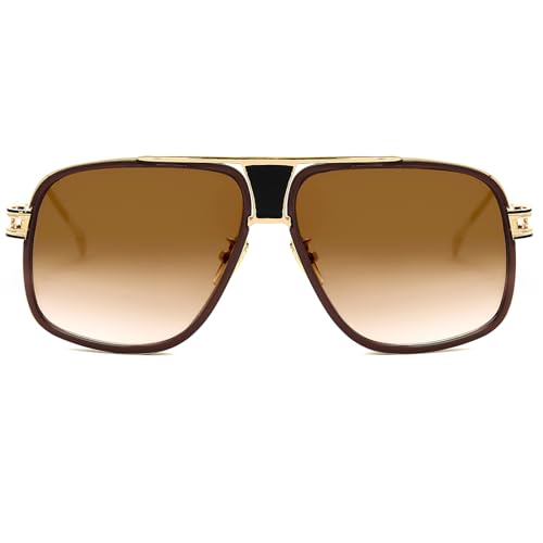 Tskestvy Oversized 70s Aviator Sunglasses for Men Disco Sun Glasses Cool Designer Tinted Shades Gold Alloy Frame
