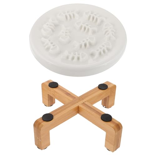 Hemobllo Juego de Comedero Elevado para Perros Pequeños con Cuenco Cerámico de Alimentación Lenta y Soporte de Madera Antideslizante para Mascotas, Tazón Lento para Cachorros y Gatos,