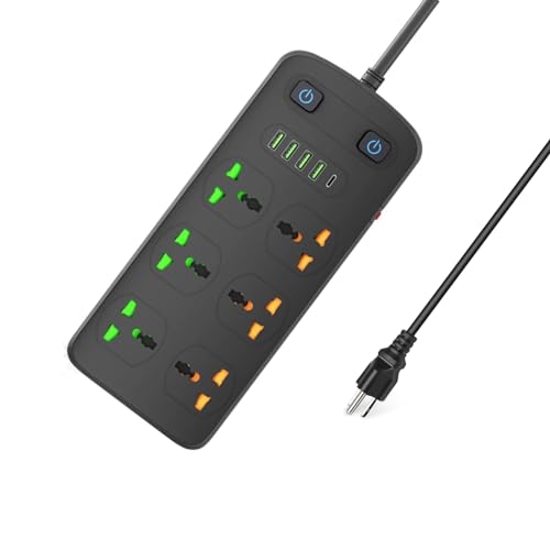 Universal Power Strip with USB and Type C Port, Surge Protector with 6 Universal Oulets and 4 USB, 110-250V, 6.5ft Extension Lead 2500W for European Travel, Home Office Black