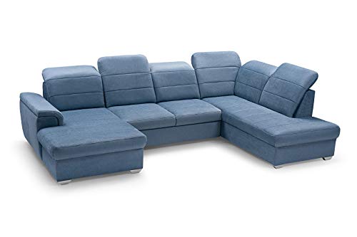 mb-moebel Grand canapé d'angle XXL en U panoramique lit Convertible avec Coffre 6/7 Places - en Tissu, Appuie-tête réglable - Salon & séjour - 320x199x105cm - Morgan U (canapé d'angle Droit, Bleu)