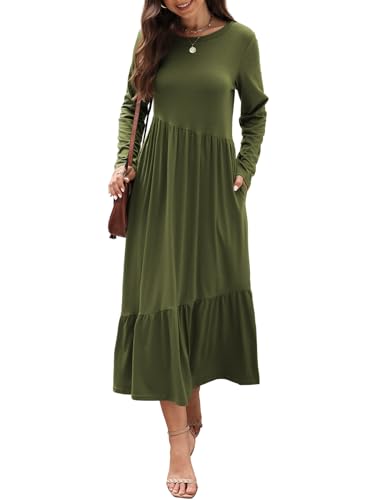 Image of Mieazom Women's Long Sleeves Maxi Dress Casual Loose Tiered Flowy Swing Beach Long Dresses with Pockets