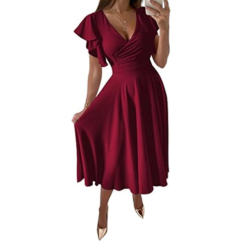 LYANER Women's Warp V Neck Ruffle Short Sleeve A Line Swing Flared Cocktail Party Midi Dress, Wine Red, X-Large Cover