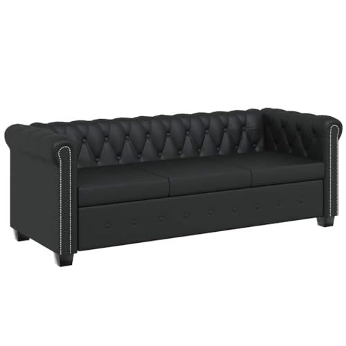 vidaXL Sofá Tipo Chesterfield Negro 3 Plazas Revestimiento de Cuero Artificial