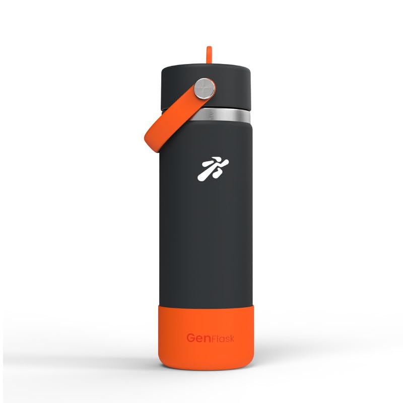 Image of VBOTT GENFLASK-Ozil -600 ml|Thermosteel Flask with Straw Sipper & Carrying Loop| SS 304 Water Bottle|Hot /Cold-18 /24 hrs|Insulated Bottles|Dark Grey /Orange Colour|Multipurpose