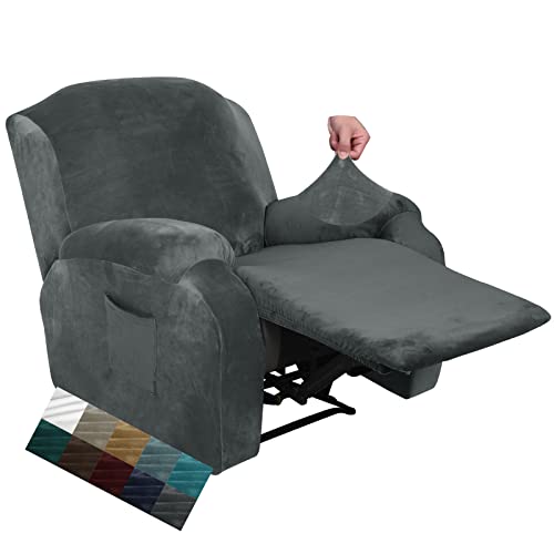 CHELZEN Funda de Sillón Relax Terciopelo, Fundas Sofá Elásticas para sillón, Funda Reclinable de 4 Piezas con Bolsillos Laterales (Gris)