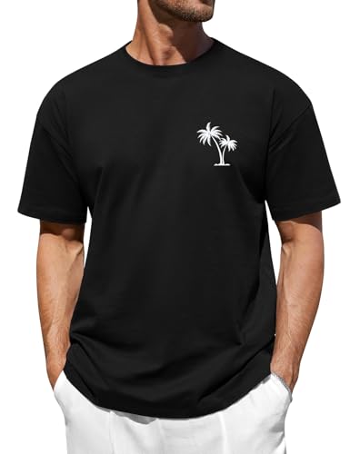 TOMEEK Herren Oversize T Shirt Sommer, Baumwolle T-Shirt Rundhals Kurzarm Lose Casual Tshirt Palm Gemustert Mode Männer Oberteile Basic Top(Schwarz,XXL)