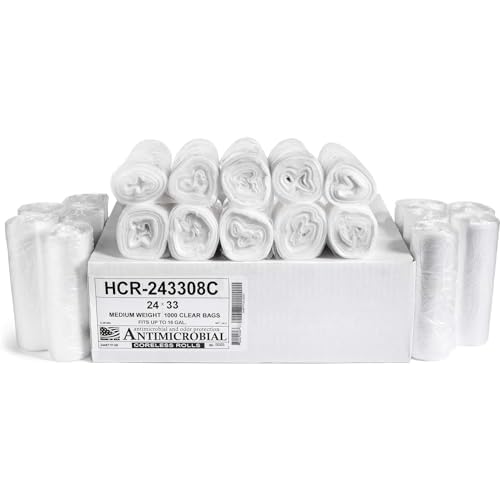 Aluf Plastics High Density Trash Bags, 16 Gallon, 1000 Count, 8 Micron (eq), 24″ x 33″, Clear, for Bathroom, Office, Industrial, Commercial, Janitorial, Municipal, Recycling
