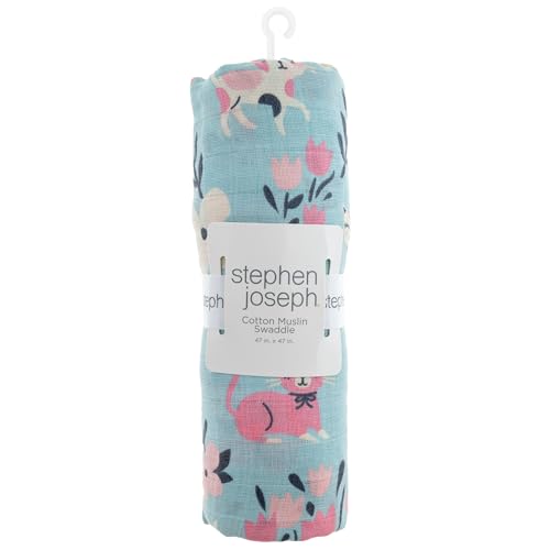 Image of Stephen Joseph, Muslin Swaddle Blanket for Baby Girls and Boys, Newborn Receiving Blanket for Swaddling, 100% Cotton Baby Swaddle Wrap, Receiving Swaddle Wrap, 47 x 47 inches, Cat