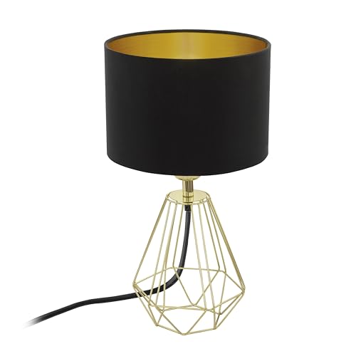 Eglo lampada da tavolo Carlton 2, lampada da tavolo vintage a uno punto luce, lampada da comodino in acciaio e tessuto, oro, nero, presa E14, interruttore incl
