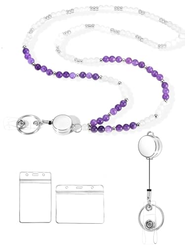COTATI Teacher Lanyard for Id Badges and Keys,Retractable Beaded Cute Lanyards for Women Card Badge Holder (Silver-Purple)