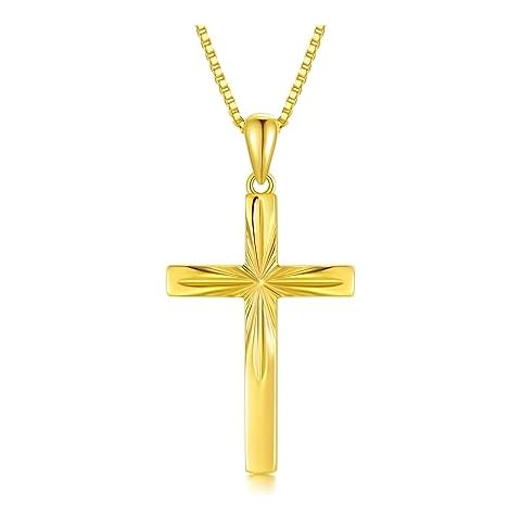 SISGEM 14K Real Gold Cross Necklace With Durable Box Chain, Sparkling Gold Italian Diamond-cut Crucifix Cross Pendant Religious Confirmation Jewelry for Women 18" Gold Box Chain Easter Gift Cover