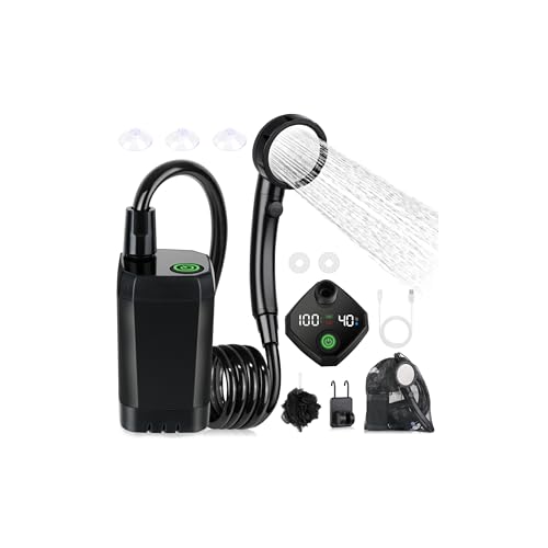 Kit Douche de Camping, [6000mAh] Spopal Douche Portable,Pompe de Douche Électrique Rechargeable,Imperméable, avec Afficheur Intelligent et Pomme de Douche 4 Modes pour Extérieure,Camping,Randonnée