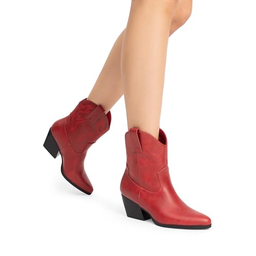 DREAM PAIRS Women's Cowboy Cowgirl Boots Embroidered Stitched Short Western Boots Low Chunky Heel Pointed Toe Ankle Booties,Size 6,Red,DWUMAB2504