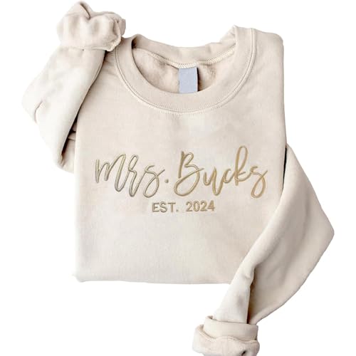 Personalized Embroidered Mrs. Hoodie, Perfect for brides and newlyweds, this custom Mrs. sweatshirt allows you to add your new last name and wedding date. Ideal for honeymoons, bachelorette parties.