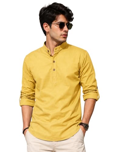 Image of Fifth U Men's Cotton Polyester Blend Solid Mandarin Collar Self Design Full Sleeve Casual Short Kurta