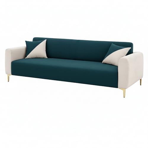 Image of Opera 3 Seater Fabric Sofa Set | Soft Velvet Upholstery, Sturdy Wooden Frame | Modern Sofa for Living Room, Hall & Office Spaces (Green Teal-Cream)