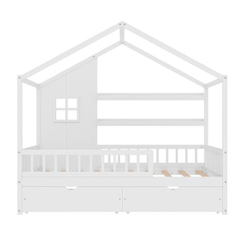 Image of Bellemave Twin House BedFrame with Canopy and Storage Drawers, Montessori Bed, House Bed with Rails for Kids, White