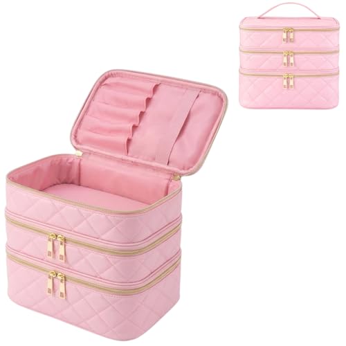 Image of Handcuffs Cosmetic Bag for Women 3-Layer Zipper Makeup Organizer with Carry Handle for Travel & Home | Multipurpose Vanity Box for Toiletries Make Up Accessories Brushes & Cosmetics (Pink)