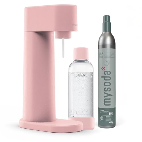 Mysoda: Woody Set - Wassersprudler aus erneuerbarem Holzkomposit Material mit 1L Quick-Lock BPA-frei Plastikflasche und CO2-Zylinder - Pink