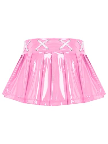 Women's Wet Look PVC Leather Skirt Holographic Lace-up Zipper A-Line Pleated Mini Skirts3