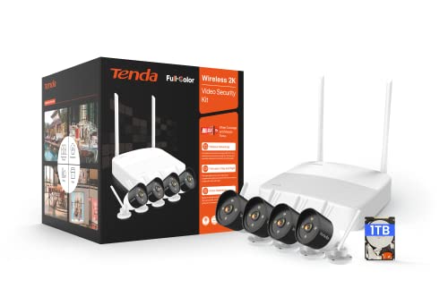 Tenda Kit Videosorveglianza WiFi, 4X 2K Telecamere da Esterno e 4CH NVR (fino a 10TB) con 1TB HDD, Visione Notturna a Colori, Rilevamento del Movimento e Persona, H.265, Accesso Remoto, K4W-3TC-1T