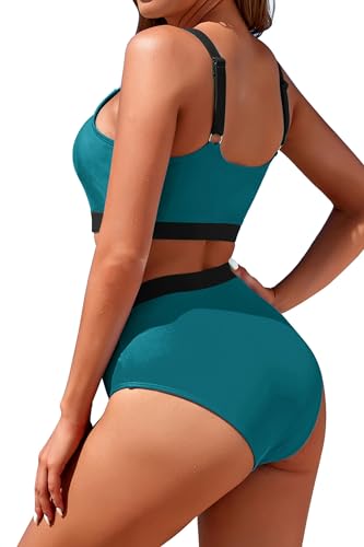Image of Womens High Waisted Bikini Sets Sporty Crop Top Color Block Swimwear Bandeau Scoop Neck Vintage Two Piece Bathing Suits