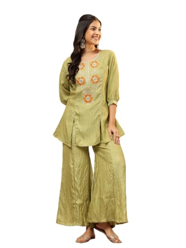 Image of Vbuyz Women Floral Embroidery Stylish A-Line Fandy Silk Kurta With Palazzo