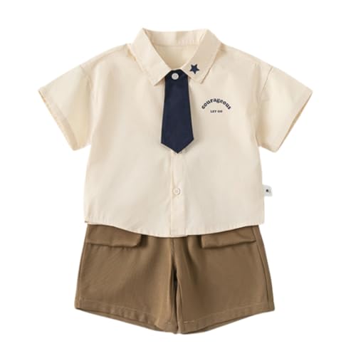 Image of Irsutey Baby Boys Summer Gentleman 2 Pcs Lapel Short Sleeve T-Shirt and Shorts Wedding Dress Set for Graduation (Brown,110/2-3 Y)
