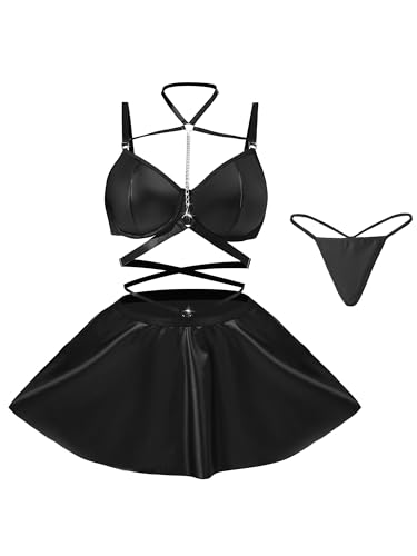 EVELIFE Sexig läderklänning för kvinnor, nackhållare metallkedja push up behå, wetlook underkläder underkläder curvy elegant konstläder party rave klubb outfit miniklänning underkläder kvinnor (svart