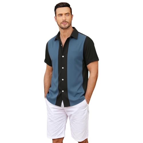 Generisch Camisa para hombre clásica de manga corta, camisas de bolos a rayas, cierre de botones, camisa hawaiana de corte regular, camisa de verano con botones, camisa informal para la playa con