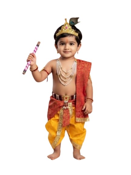 Image of Krishna Dress for Baby Boy Kids Janmashtami Costume | Dhoti & Patka Included, Mukut & Morpankh, Bansuri & Kamarband, Bajuband & Kundal, 8-Piece Set