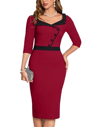 MUXXN Maroon Dress for Women High Waist Vintage Bodycon Button