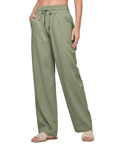 CHANGEOWN Womens Casual Linen Pants Drawstring Flowy Pants Loose Fit Summer Pants with Pockets Lounge Beach Pants, Saga Green, Small — view 2