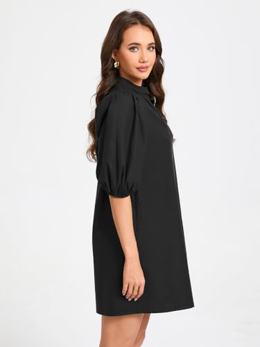 Image of EZAPINE Women Babydoll Mini Dress Summer Casual Cotton V Neck Puff Lantern Sleeve Loose A Line Cute Dress